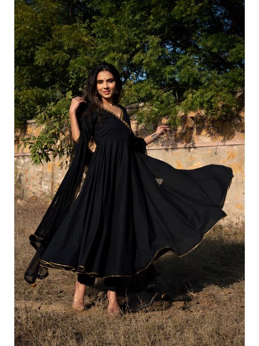 Bhavini Paris Golden Black Anarkali Kurta with Pant and Dupatta (Set of 3)