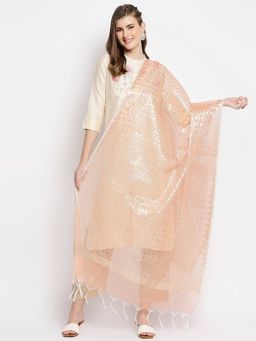 Dupatta Bazaar - Womens Zari Woven Peach Banarasi Dupatta