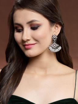 PANASH - Oxidised Silver Toned Pink Stone Studded Floral Pearl Drop Earrings