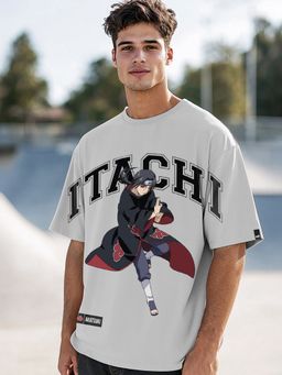 Bewakoof - Official Naruto Men's Vapour Blue Itachi Akatsuki Graphic Printed Oversized T-shirt