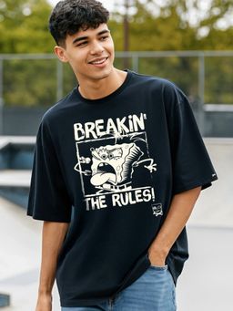 Bewakoof - Men's Navy Blue Breaking The Rules Graphic Printed Oversized T-shirt