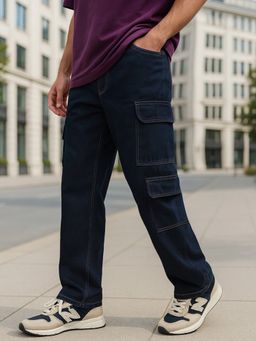Bewakoof - Men's Navy Blue Baggy Fit Washed Cargo Mid-Rise Jeans