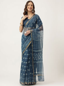 Divena - Navy Blue Hand Block Kota Doria Saree with Unstitched Blouse