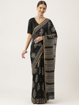 Divena - Black Hand Block Printed Chanderi Silk Saree with Unstitched Blouse