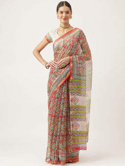 Divena - Maroon Hand Block Kota Doria Saree with Unstitched Blouse