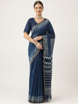 Divena - Indigo Blue Hand Block Chanderi Silk Saree with Unstitched Blouse