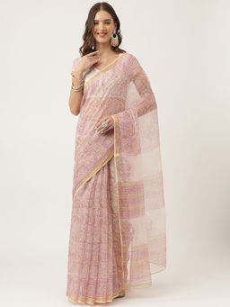 Divena - Pink Hand Block Kota Doria Saree with Unstitched Blouse