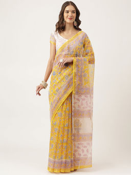 Divena - Yellow Hand Block Kota Doria Saree with Unstitched Blouse