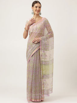 Divena - Purple Hand Block Kota Doria Saree with Unstitched Blouse