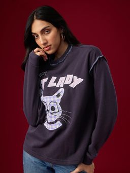 The Souled Store - Crazy Cat Lady Women Grey Oversized Sweatshirt