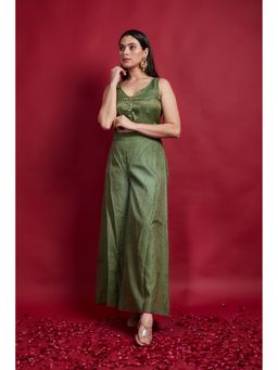 Vinusto - Olive Green Chanderi Handloom Zari Crop Top with Palazzo (Set of 2)