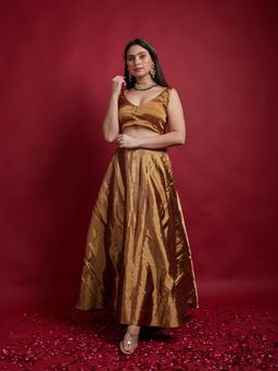 Vinusto - Gold Solid Lehenga with V-Neck Blouse (Set of 2)