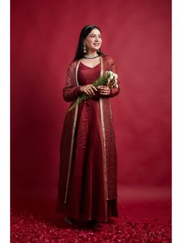 Vinusto - Maroon Chanderi Blouse with Lehenga and Long Jacket (Set of 3)