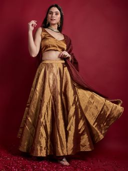 Vinusto - Gold Zari Chanderi Handloom Lehenga Choli with Stripes Dupatta (Set of 3)