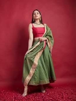 Vinusto - Olive Green and Pink High Low Stripes Lehenga Choli with Dupatta (Set of 3)