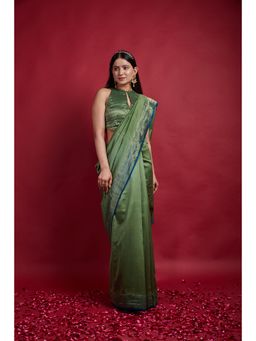 Vinusto - Olive Green and Gold Stripe Border Saree with Stitched Blouse