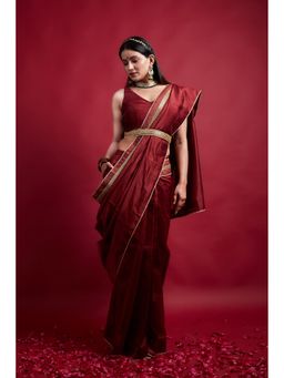 Vinusto - Maroon Ready To Wear Saree with Embroidered Lace and Stitched Blouse