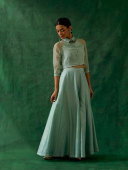 Vinusto - Mint Green Zari Crop Top with Chanderi Flared Palazzo (Set of 2)