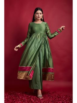 Vinusto - Olive Gathered Wrap Angarkha Kurta with Cotton Palazzo (Set of 2)
