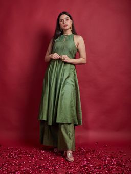 Vinusto - Olive Green Chanderi Handloom Halter Neck Anarkali Kurta with Palazzo (Set of 2)
