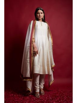 Vinusto - Ivory and Gold Stripes Chanderi Anarkali Kurta with Pant with Dupatta (Set of 3)