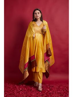 Vinusto - Turmeric Yellow Handloom Angarkha Kurta with Palazzo and Dupatta (Set of 3)