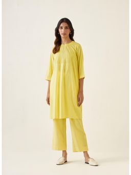 Vinusto - Maize Yellow Cotton A-Line Pin Tuck Kurta with Pant (Set of 2)