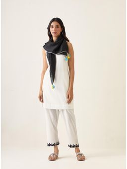 Vinusto - White Cotton Kurti and Embroidered Pant with Black Scarf (Set of 3)