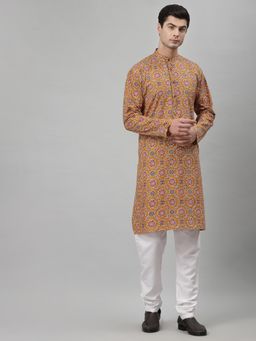 NEUDIS - Men Yellow Cotton Floral Print Kurta and Churidaar (Set of 2)