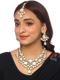 VIRAASI - Gold-Plated Traditional Kundan Necklace with Earrings and Maangtikka (Set of 3)