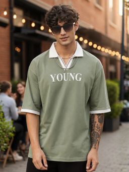 MANIAC - Mens Typography Half Sleeve Green Polo T-Shirt