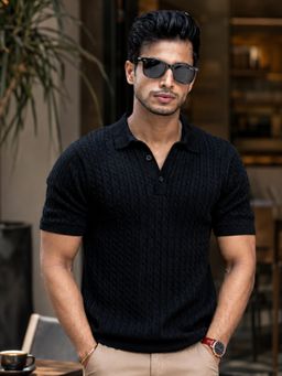 MANIAC - Mens Black Ripple Knit Polo T-Shirt