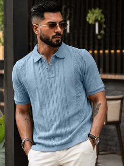 MANIAC - Mens Solid Textured Half Sleeve Blue Polo T-Shirt