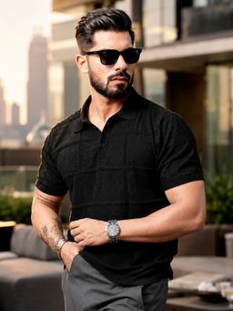 MANIAC - Mens Half Sleeve Black Flat Knit Polo T-Shirt