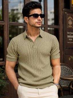MANIAC - Mens Light Green Ripple Knit Polo T-Shirt