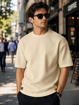MANIAC - Mens Textured Beige Seersucker Oversized T-Shirt