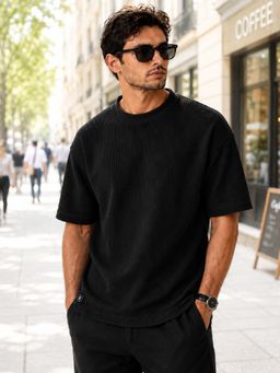 MANIAC - Mens Textured Black Seersucker Oversized T-Shirt