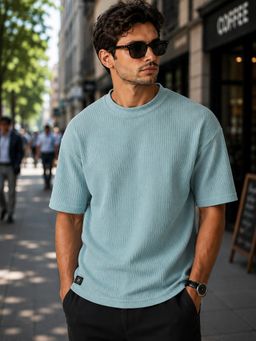 MANIAC - Mens Textured Blue Seersucker Oversized T-Shirt