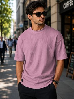 MANIAC - Mens Textured Pink Seersucker Oversized T-Shirt