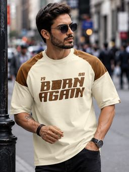 MANIAC - Mens Printed Round Neck Beige T-Shirt