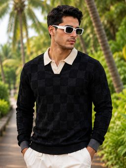 MANIAC - Men Textured Cubic Textured Knit Black Polo T-Shirt