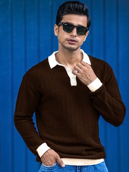 MANIAC - Men Textured Wave Brown Polo T-Shirt