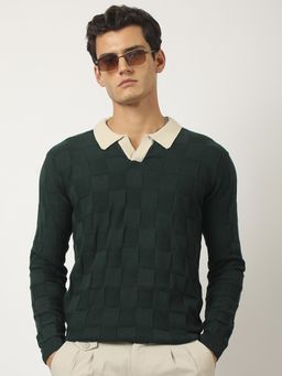 MANIAC - Men Textured Knit Full Sleeve Green Polo T-Shirt