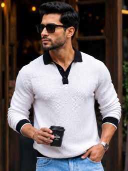 MANIAC - Men Textured Wave Full Sleeve White Polo T-Shirt