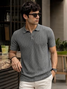 MANIAC - Mens Textured Half Sleeve Grey Polo T-Shirt