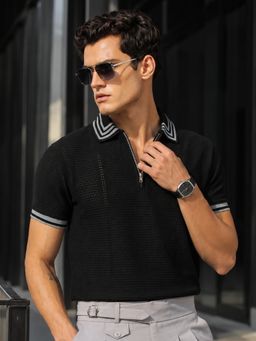 MANIAC - Men Textured Half Sleeve Black Polo T-Shirt