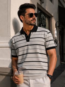 MANIAC - Men Stripe Half Sleeve Grey Polo T-Shirt