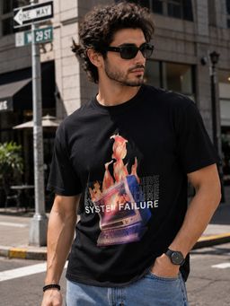 MANIAC - Men Printed Round Neck Half Sleeve Black T-Shirt