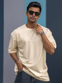 MANIAC - Mens Round Neck Half Sleeve Cream T-Shirt