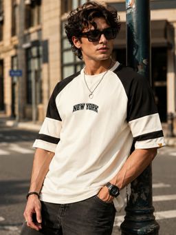 MANIAC - Mens Round Neck Raglan Sleeve Cream T-Shirt